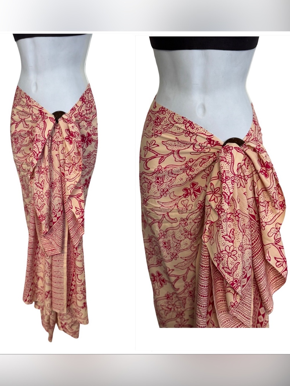 Women’s Crochet-Style Floral Pareo Sarong Cover-Up in Cream & Red